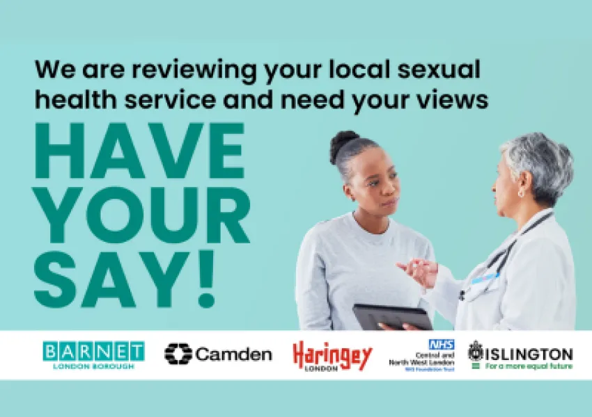 Green image with 2 woman in discussion, one wearing white doctors coat. Text says: we are reviewing your local sexual health service and need your views. Have your say!