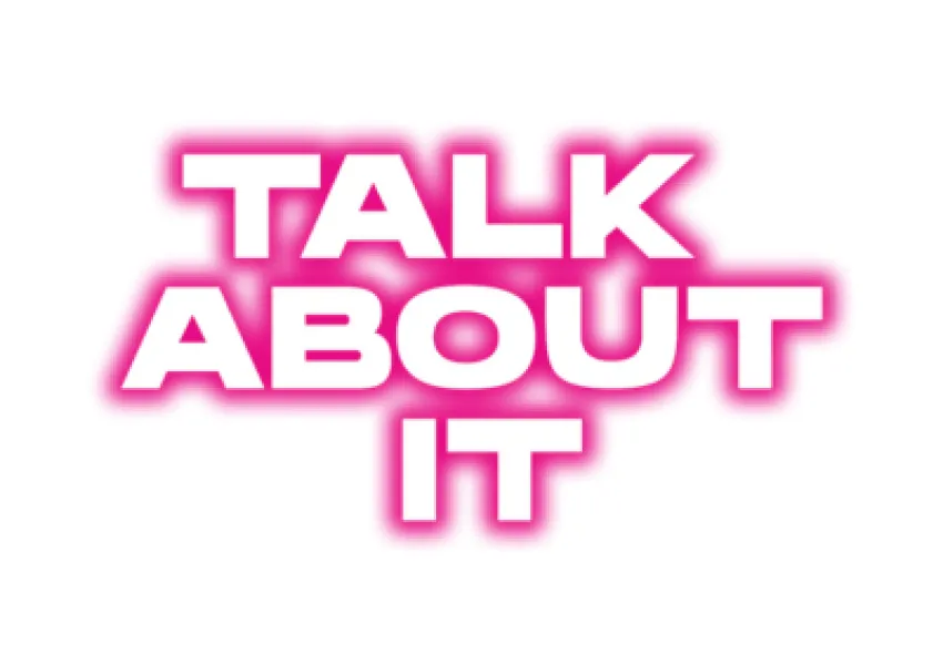 Logo - pink writing in capital letters on white background: TALK ABOUT IT
