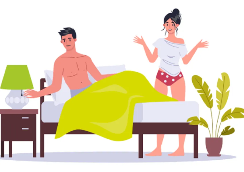 White background with two people. One in bed and one standing next to the bed.