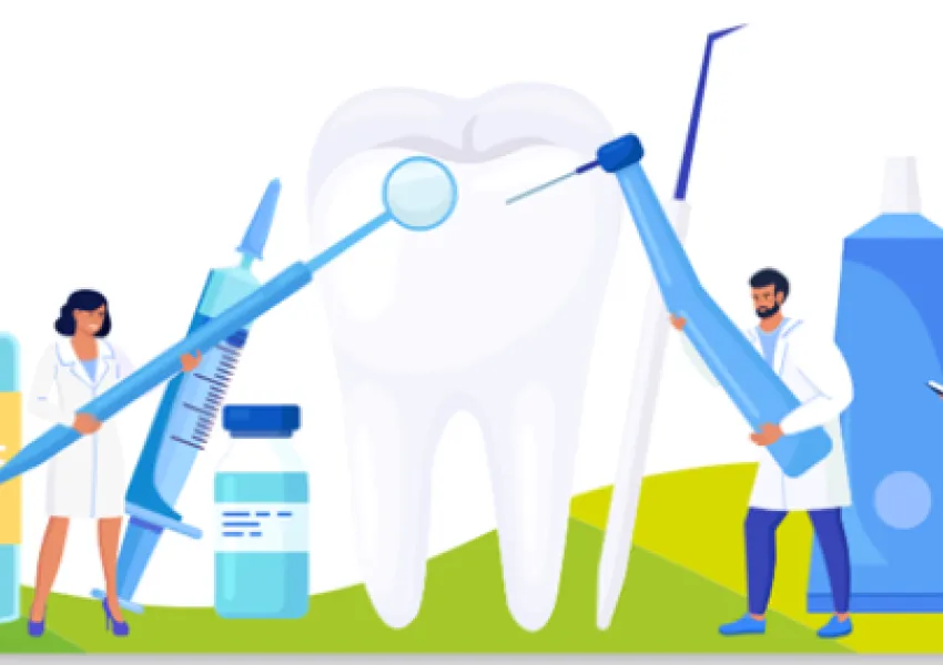 White background with two dentists fighting with dental tools.