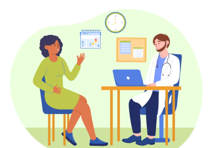 Green background with doctor sitting at a table talking to patient in a GP surgery.