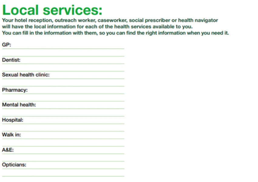 White background with Local Services written in green. A list of service types (GP etc) with blank space to be completed