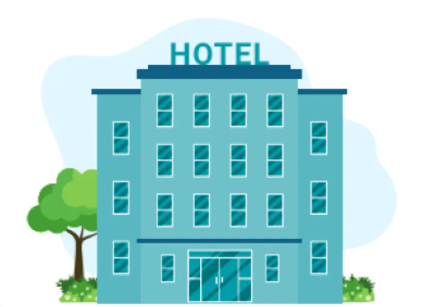 White background with blue hotel and trees.