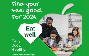 Find your feel good 2024 - eat well. Image of family cooking together.
