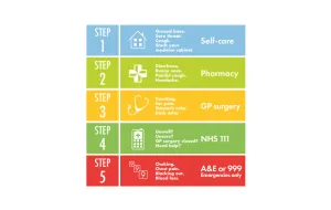 colour step chart from step 1: self-care, step 2: Pharmacy step 3: GP surgery Step 4: call 111 Step 5: call 999
