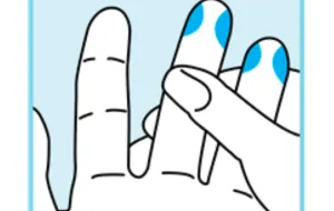 Blue background with a hand and someone holding the tips of two of their fingers.