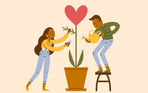 Light orange background with two people looking after a tree with a love heart at the top.