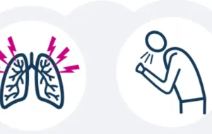 Grey background with lungs being shocked and person coughing.