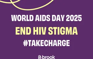 Text states 'World Aids Day 2025' and 'End HIV stigma'. All on a purple background.