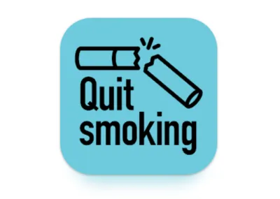 Blue background with black line drawing of a cigarette snapped in half and the words quit smoking written underneath