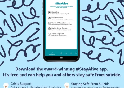 Blue background with 'Stay Alive' in black and orange font. Drawing of the phone with the app on the phone screen. 
