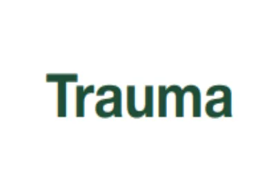 White background with 'trauma' written in dark green