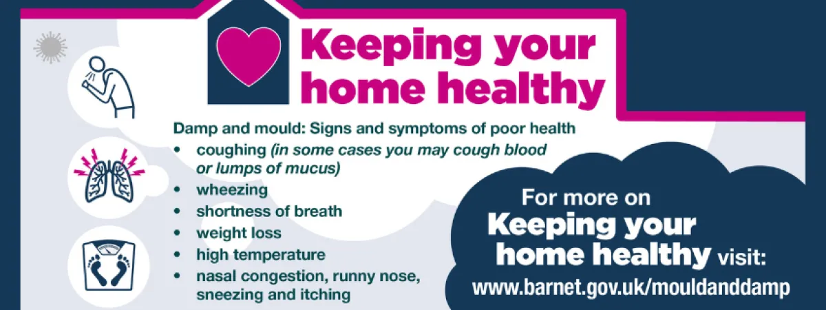 Illustration with clouds and mould spores in blue, pink and grey. Bullet point list of signs and symptoms of poor health due to living with damp and mould. Text reads: Keeping your home healthy.