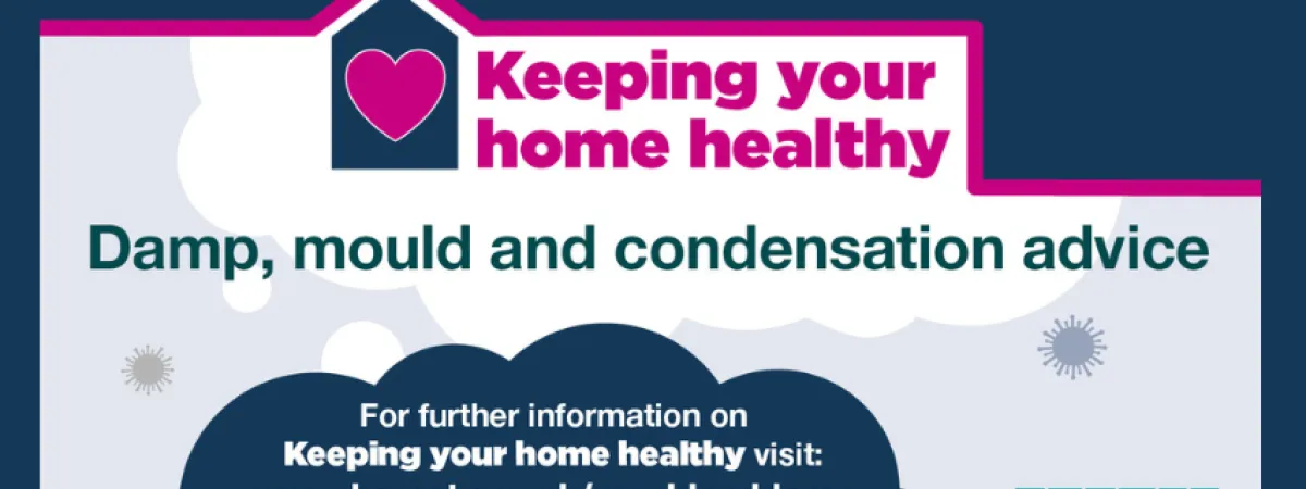 Illustration with clouds and mould spores in blue, pink and grey. Text reads: Keeping your home healthy: damp, mould and condensation advice.