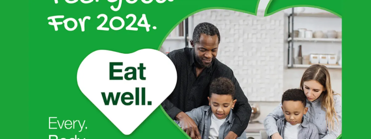 Find your feel good 2024 - eat well. Image of family cooking together.