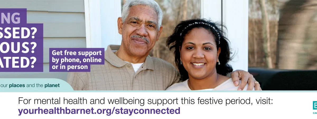 Two people smiling. Text reads: Feeling stressed? anxious? isolated? get free support by phone, online or in person.