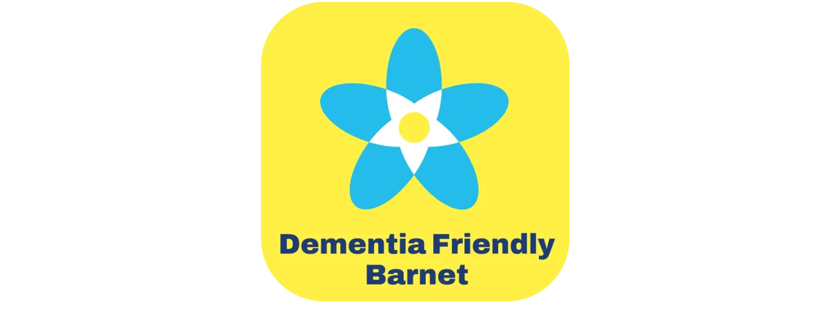 blue, white and yellow forge me not flower in yellow square background, with black writing underneath 'Dementia Friendly Barnet'