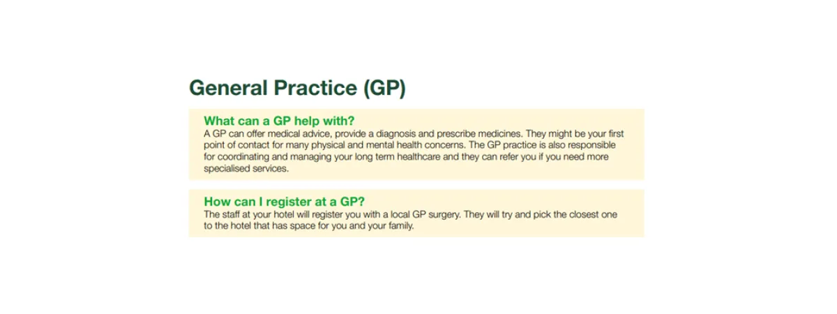 White background with pale yellow boxes with green and black text reading General Practice (GP 