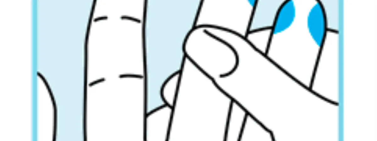 Blue background with a hand and someone holding the tips of two of their fingers.