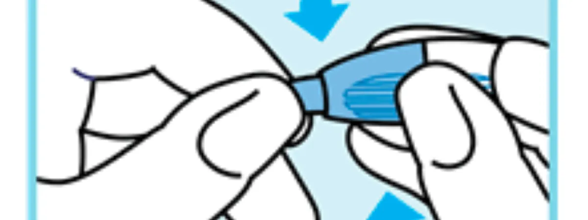 Blue background with a hand opening the safety needle to break the seal, and remove the cap for the test.