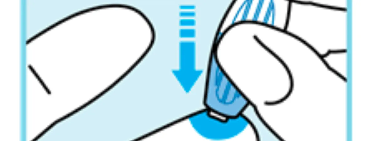Blue background with a hand placing the safety needle on the finger, and pushing firmly to activate.