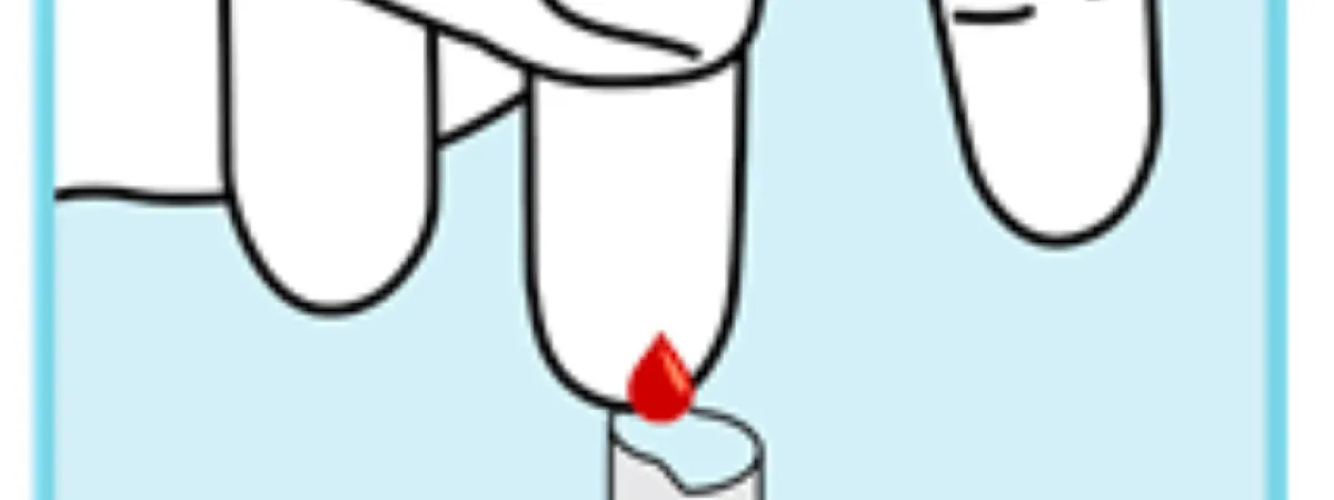 Blue background with someone gently massaging the finger from the base to the tip (using a milking motion) to allow drops to fall into the tube.
