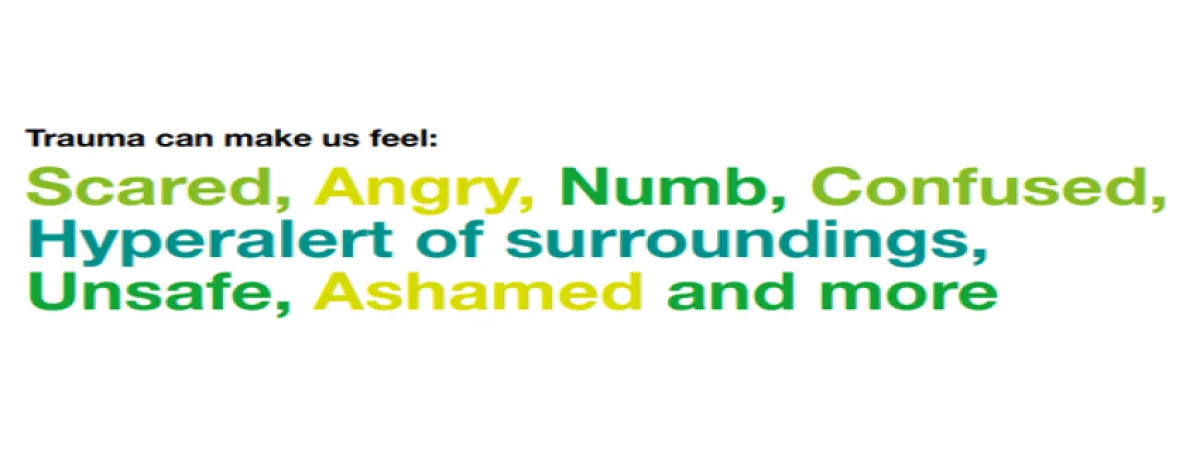 White background with description of how trauma makes us feel in green, yellow and teal font