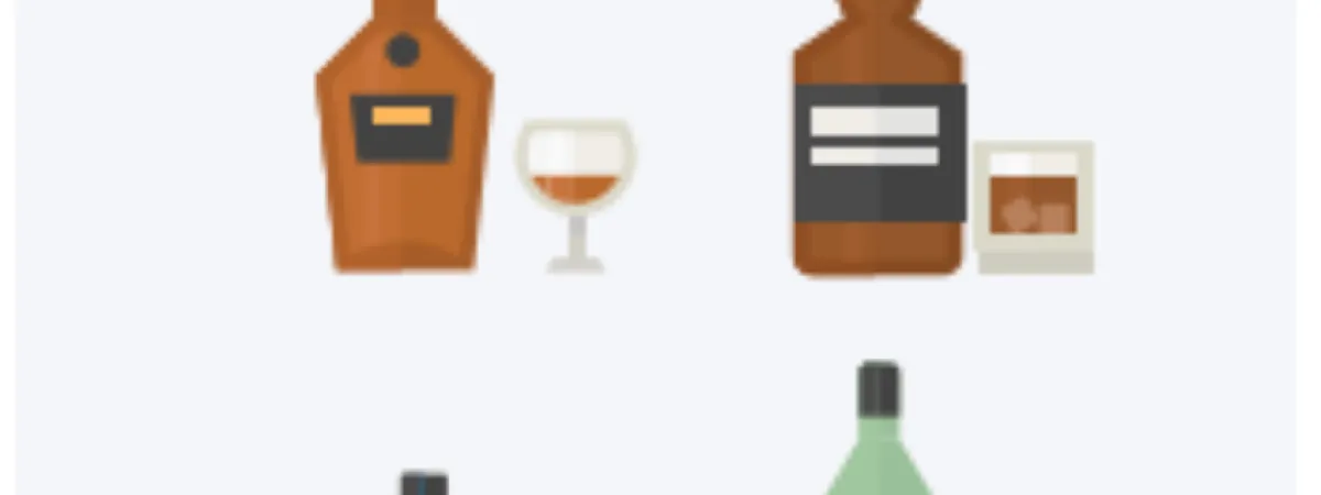 White background with different alcohol bottles in front.
