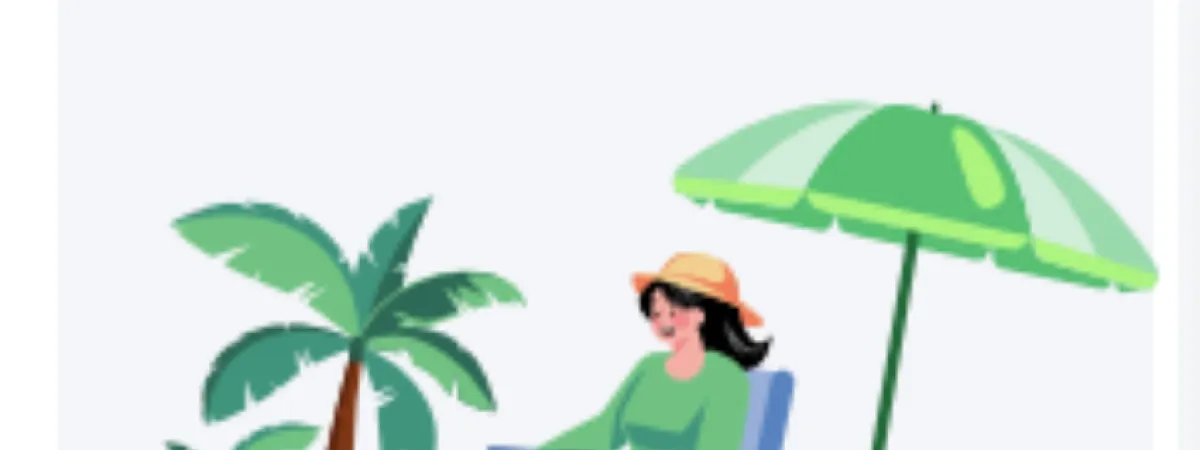 White background with person sitting on a chair under a parasol.