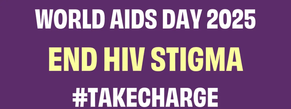 Text states 'World Aids Day 2025' and 'End HIV stigma'. All on a purple background.
